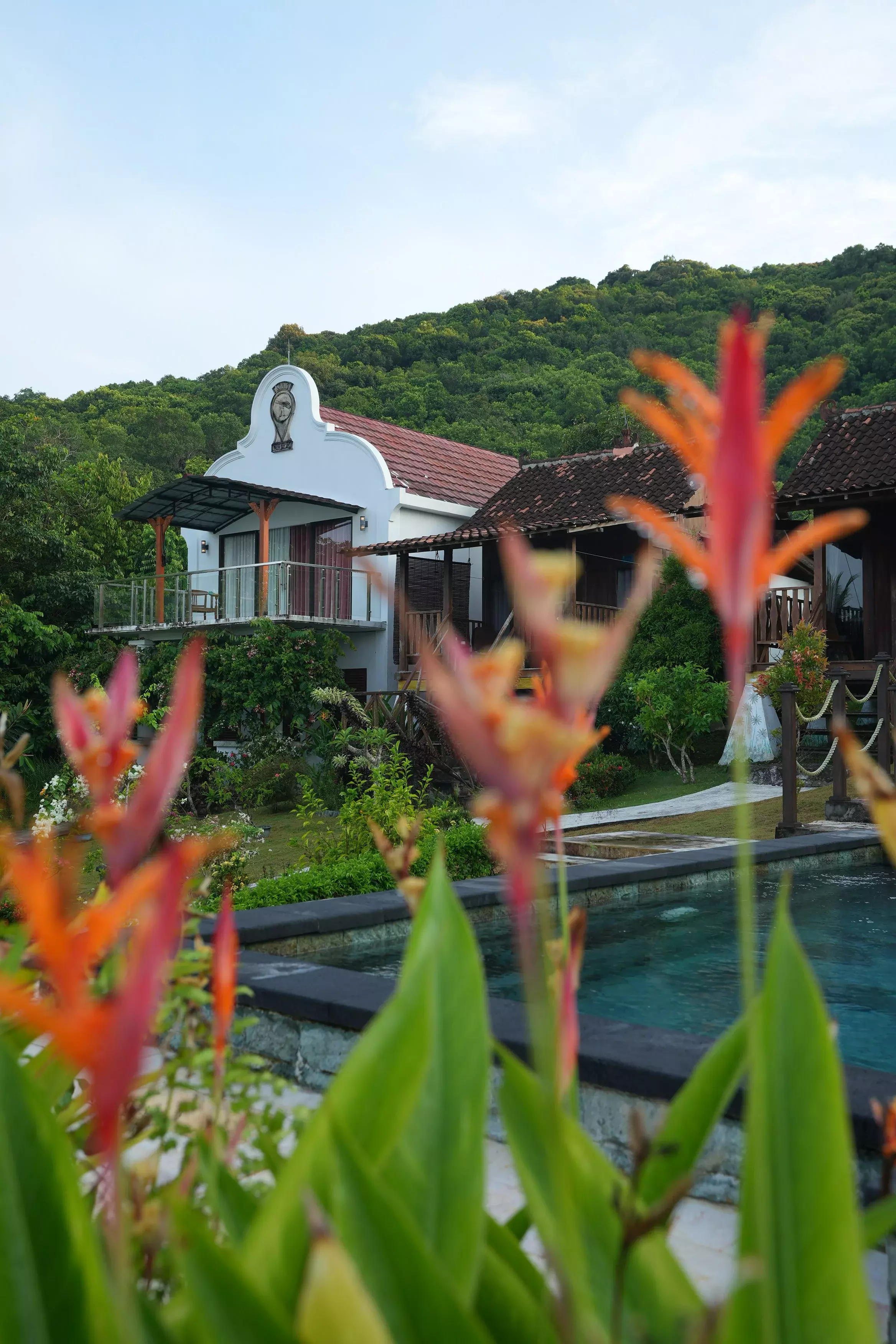 Pemandangan udara area villa tropis dekat pesisir